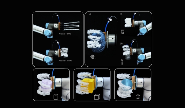 A soft gripper fabricated using our method, successfully lifting (i) a ball of yarn, (ii) a plastic cup, and (iii) a plastic bottle as well as other 3D objects (cylinder, cube and sphere)